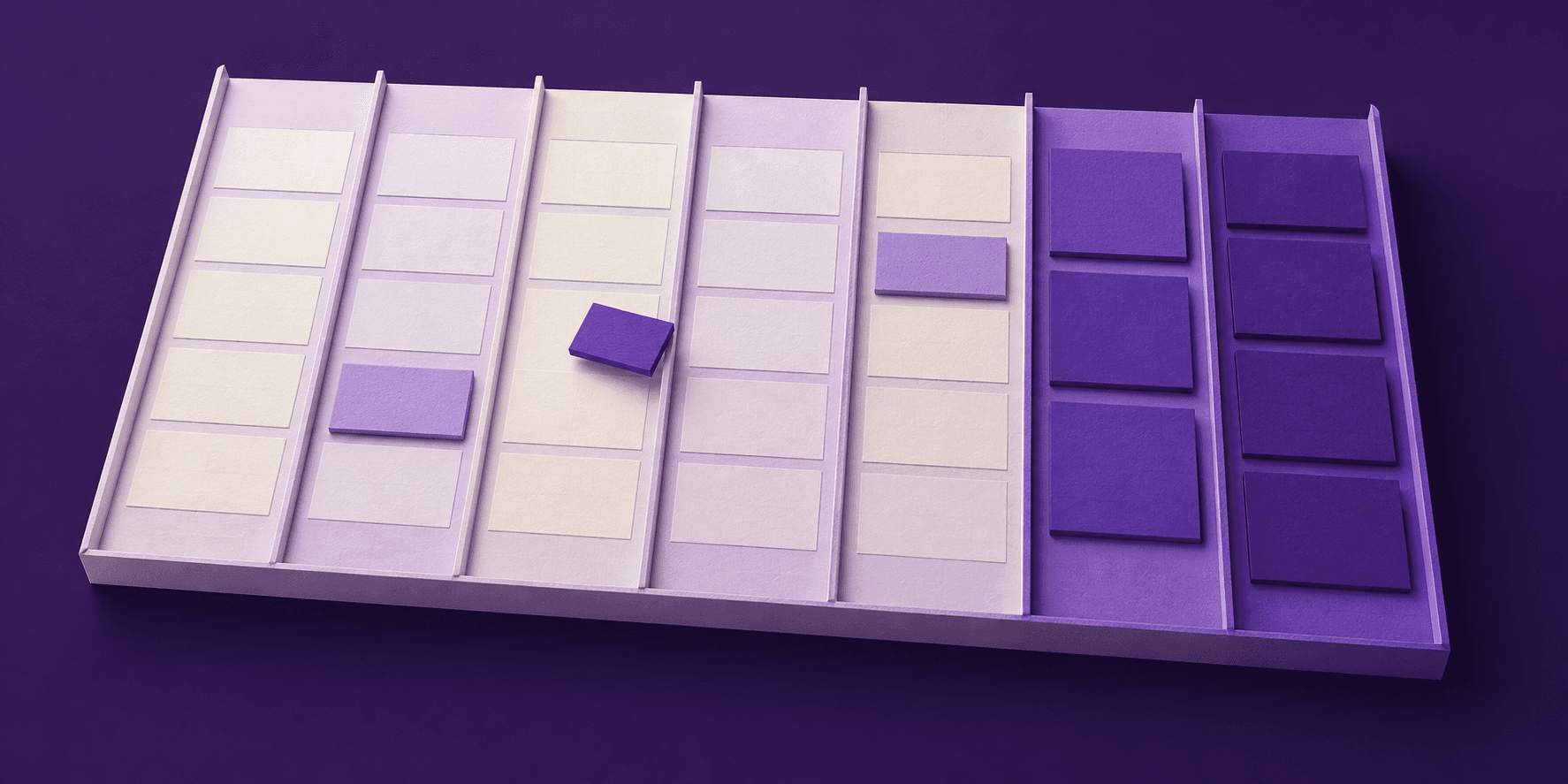 A paper planner contrasts filled purple date columns with open space on paler weekday columns.