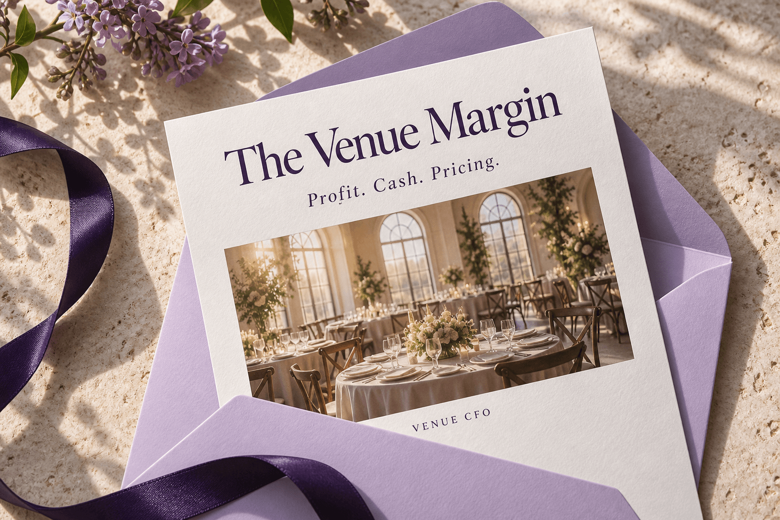 The Venue Margin newsletter in a lilac envelope, with a wedding reception on its cover.