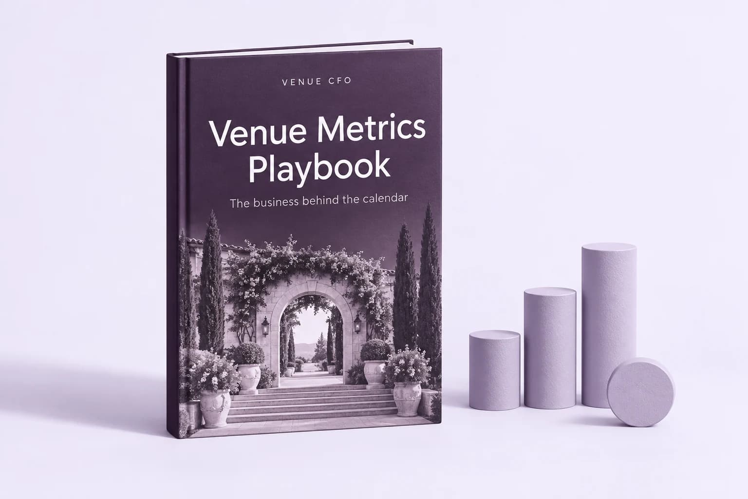 Venue Metrics Playbook with a venue entrance on the cover and lavender financial sculptures