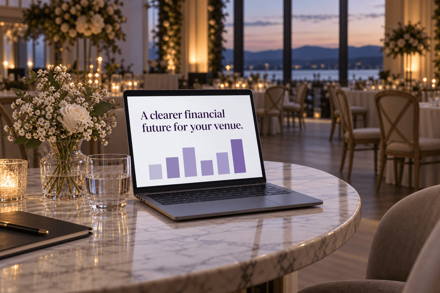 A laptop displaying a financial presentation in a wedding venue.
